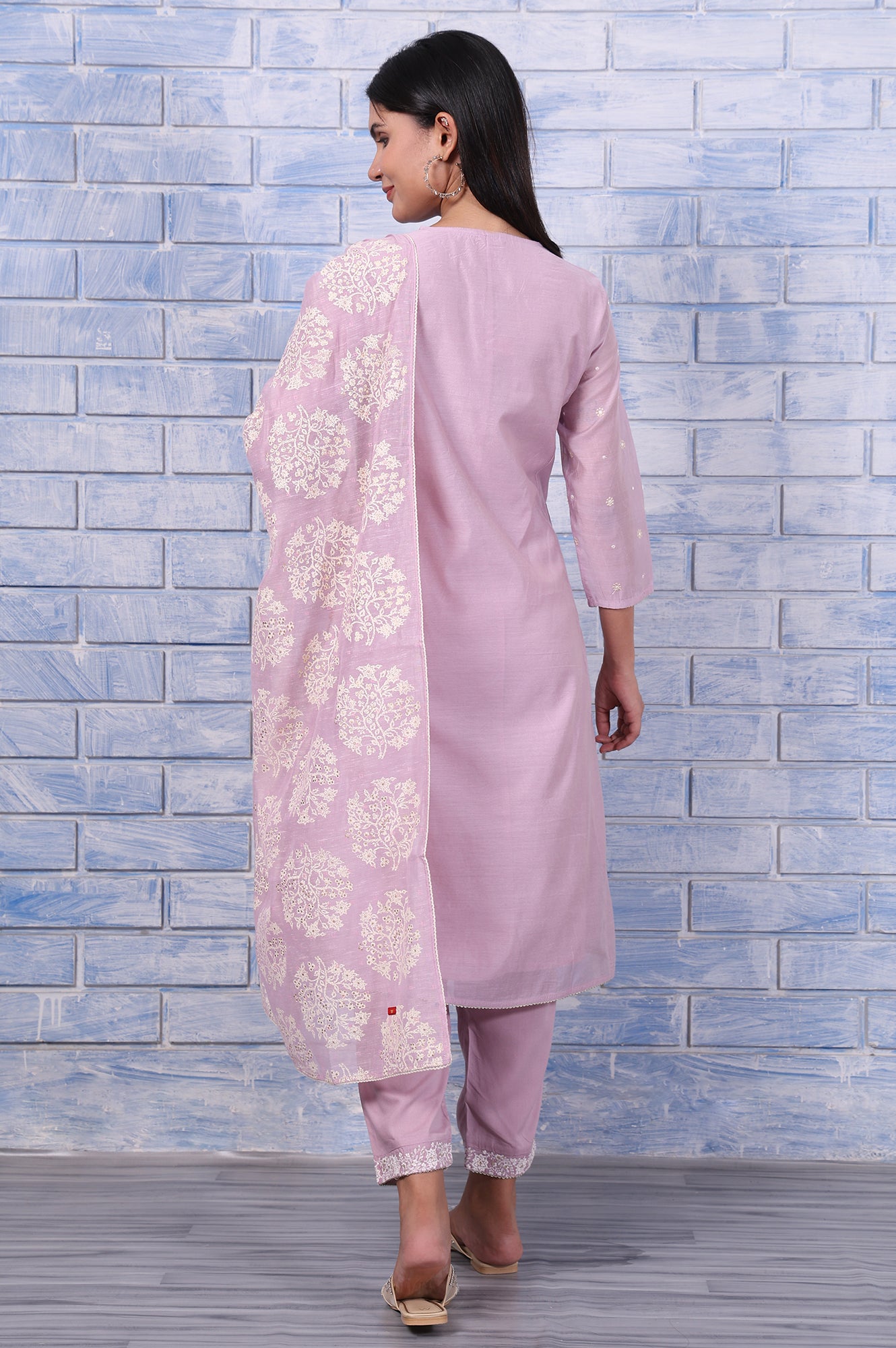 Purple Thread Embroidered Chanderi A-Line Kurta, Straight Pant And Dupatta Set