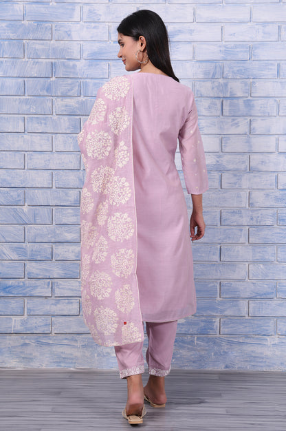 Purple Thread Embroidered Chanderi A-Line Kurta, Straight Pant And Dupatta Set