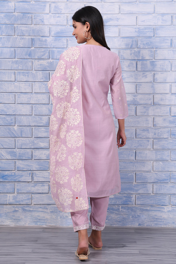 Purple Thread Embroidered Chanderi A-Line Kurta, Straight Pant And Dupatta Set