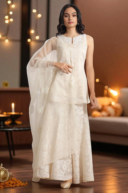 White Printed Chanderi Short Kurta, Sharara and Dupatta Set