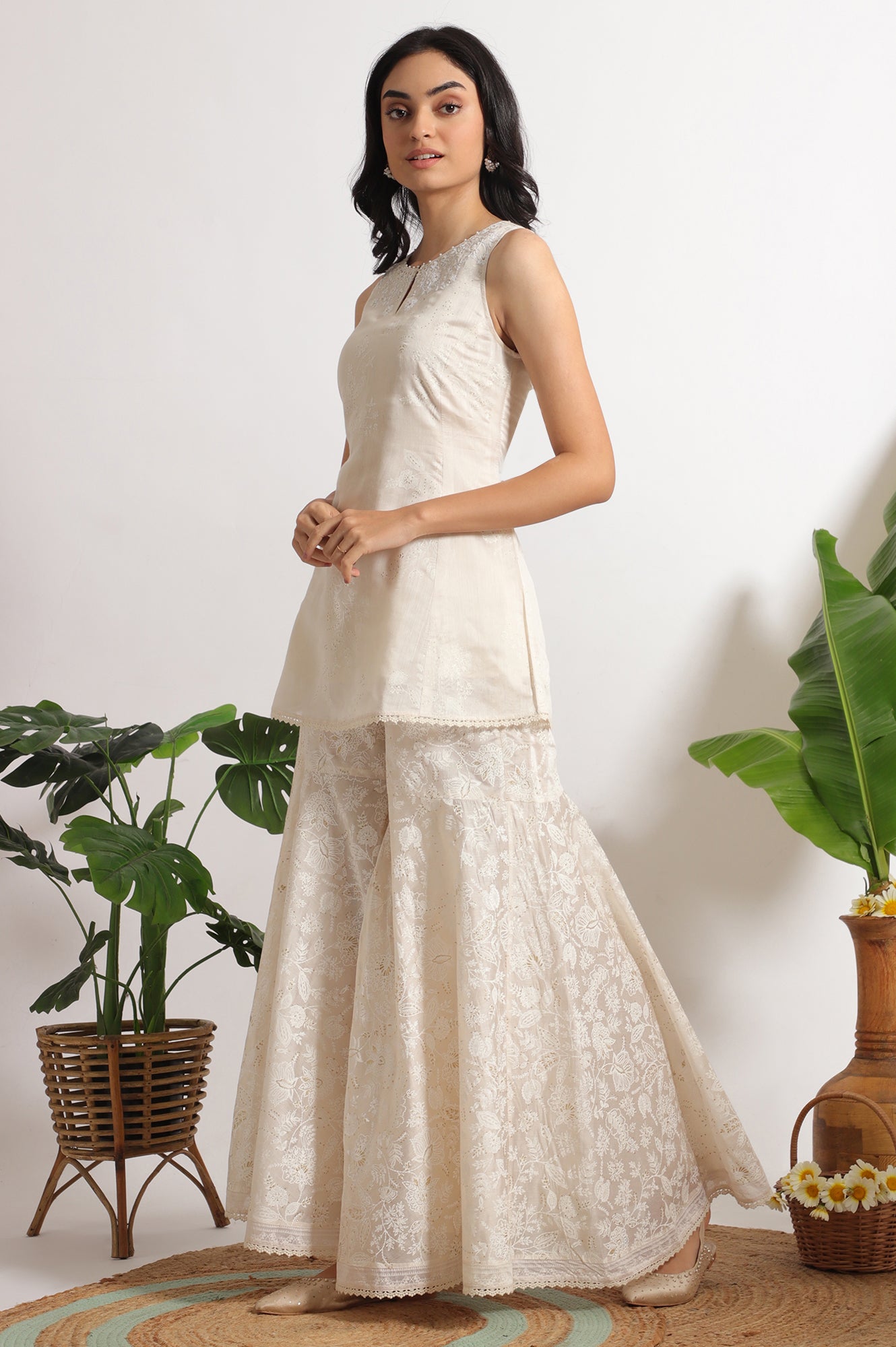 White Printed Chanderi Short Kurta, Sharara and Dupatta Set