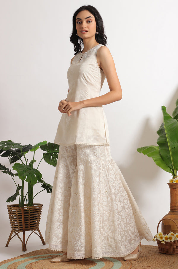 White Printed Chanderi Short Kurta, Sharara and Dupatta Set