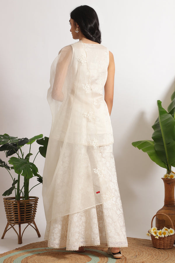 White Printed Chanderi Short Kurta, Sharara and Dupatta Set