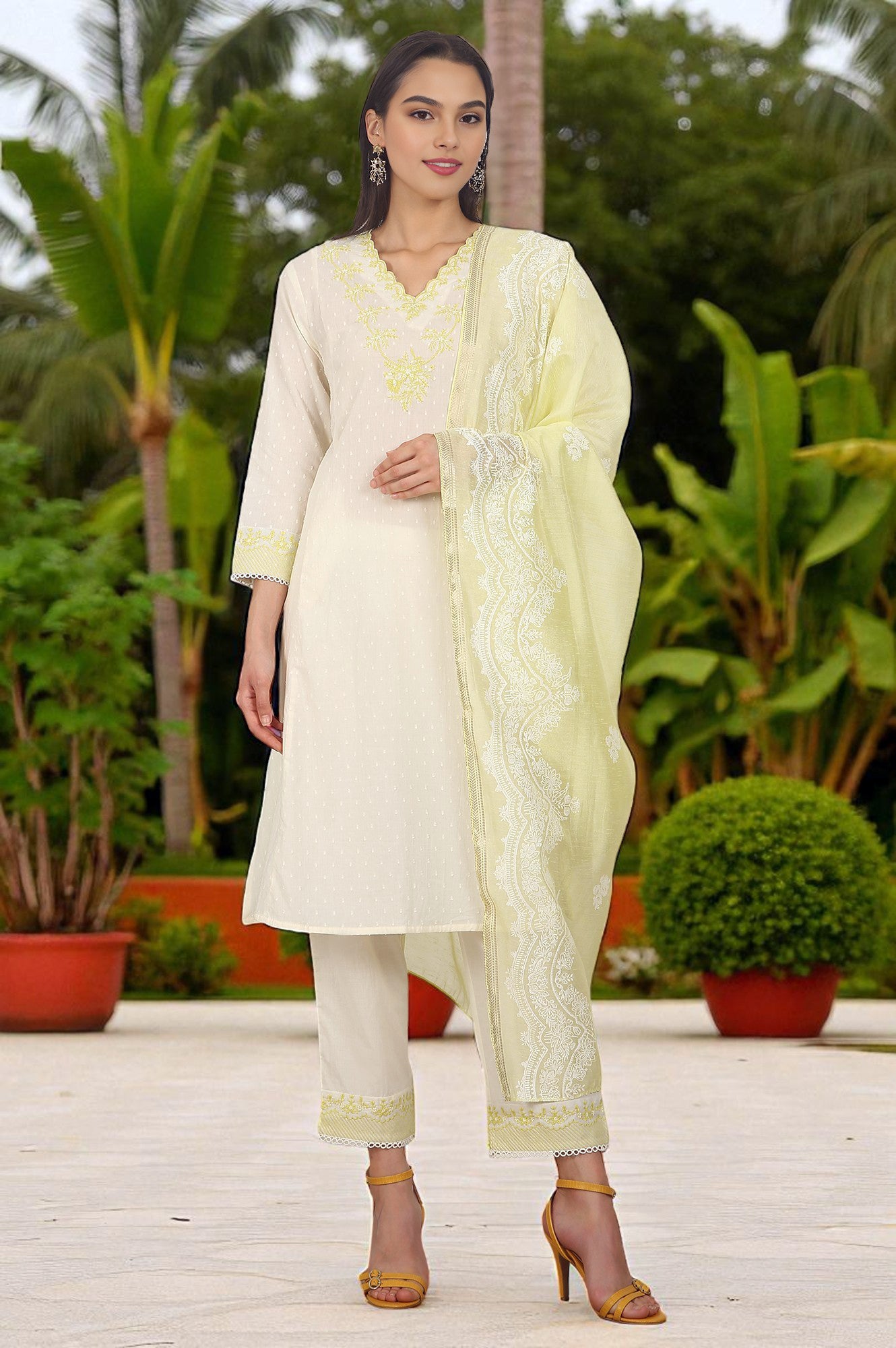 White Thread Embroidered Textured Cotton A-line Kurta, Straight Pants and Dupatta Set