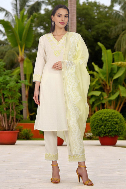 White Thread Embroidered Textured Cotton A-line Kurta, Straight Pants and Dupatta Set