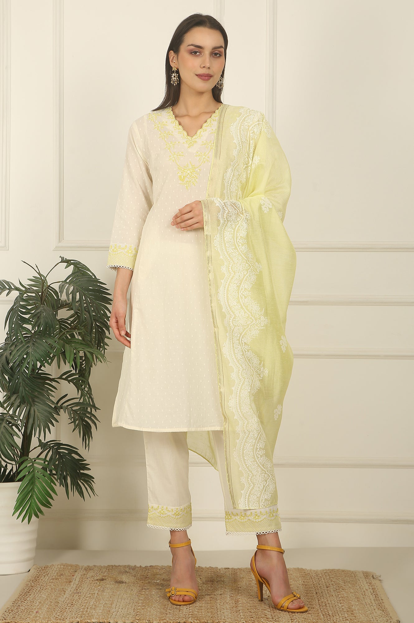 White Thread Embroidered Textured Cotton A-line Kurta, Straight Pants and Dupatta Set