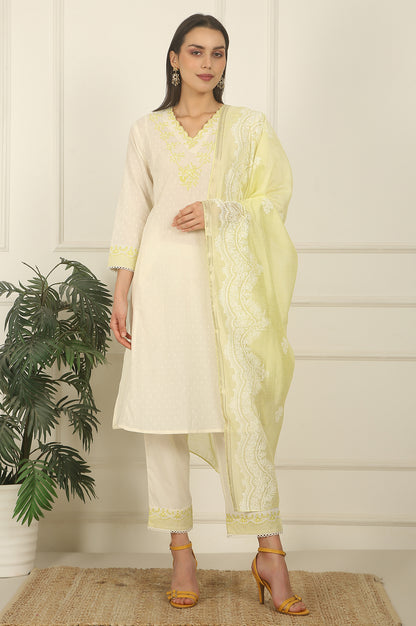 White Thread Embroidered Textured Cotton A-line Kurta, Straight Pants and Dupatta Set