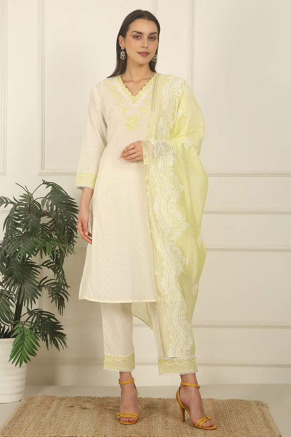 White Thread Embroidered Textured Cotton A-line Kurta, Straight Pants and Dupatta Set