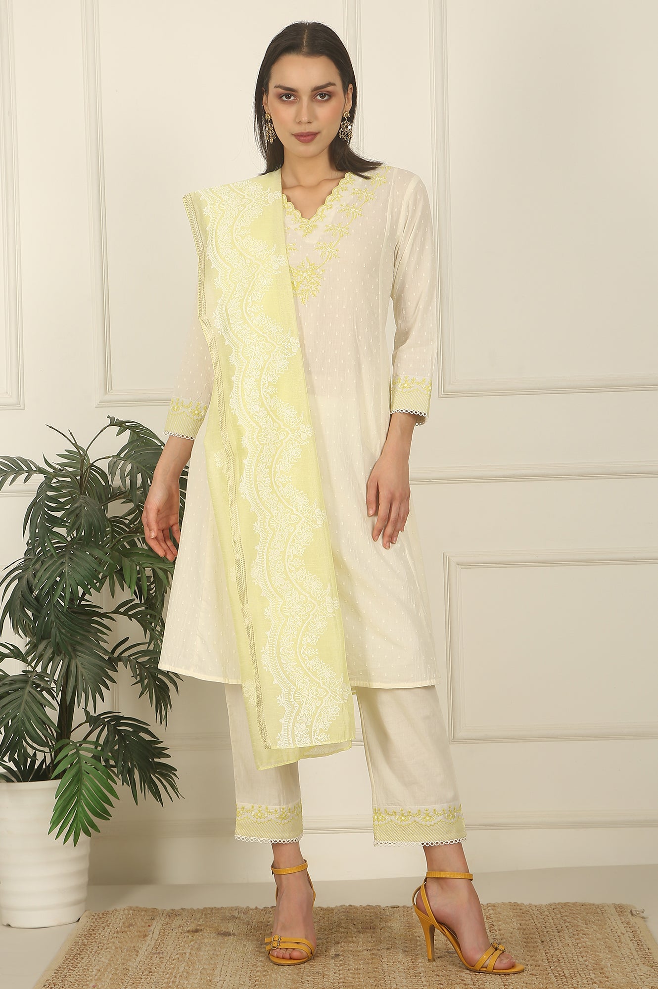 White Thread Embroidered Textured Cotton A-line Kurta, Straight Pants and Dupatta Set