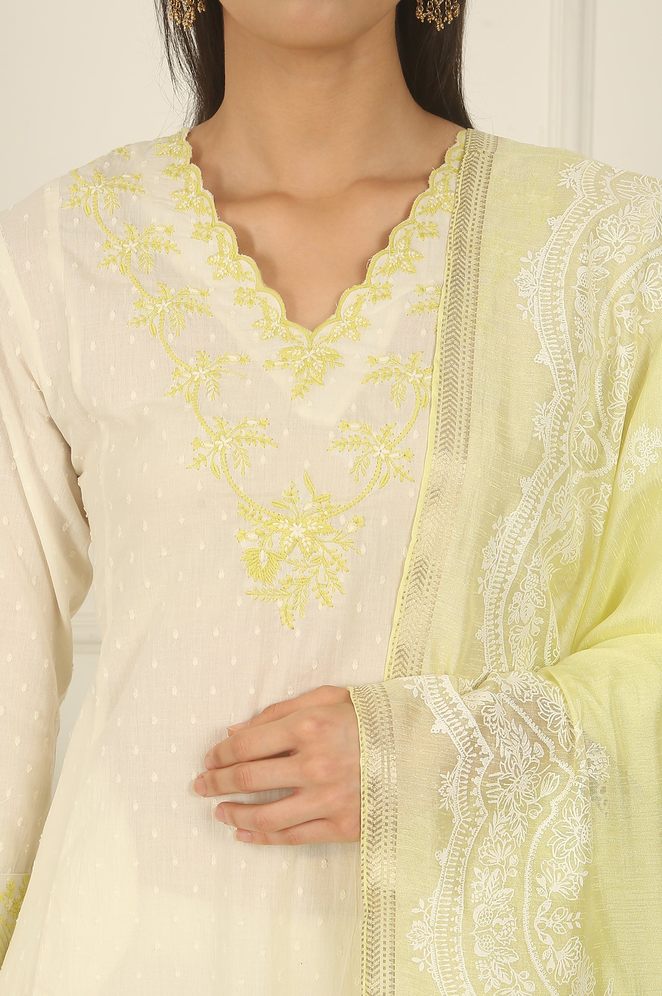 White Thread Embroidered Textured Cotton A-line Kurta, Straight Pants and Dupatta Set