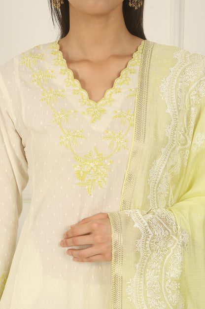 White Thread Embroidered Textured Cotton A-line Kurta, Straight Pants and Dupatta Set