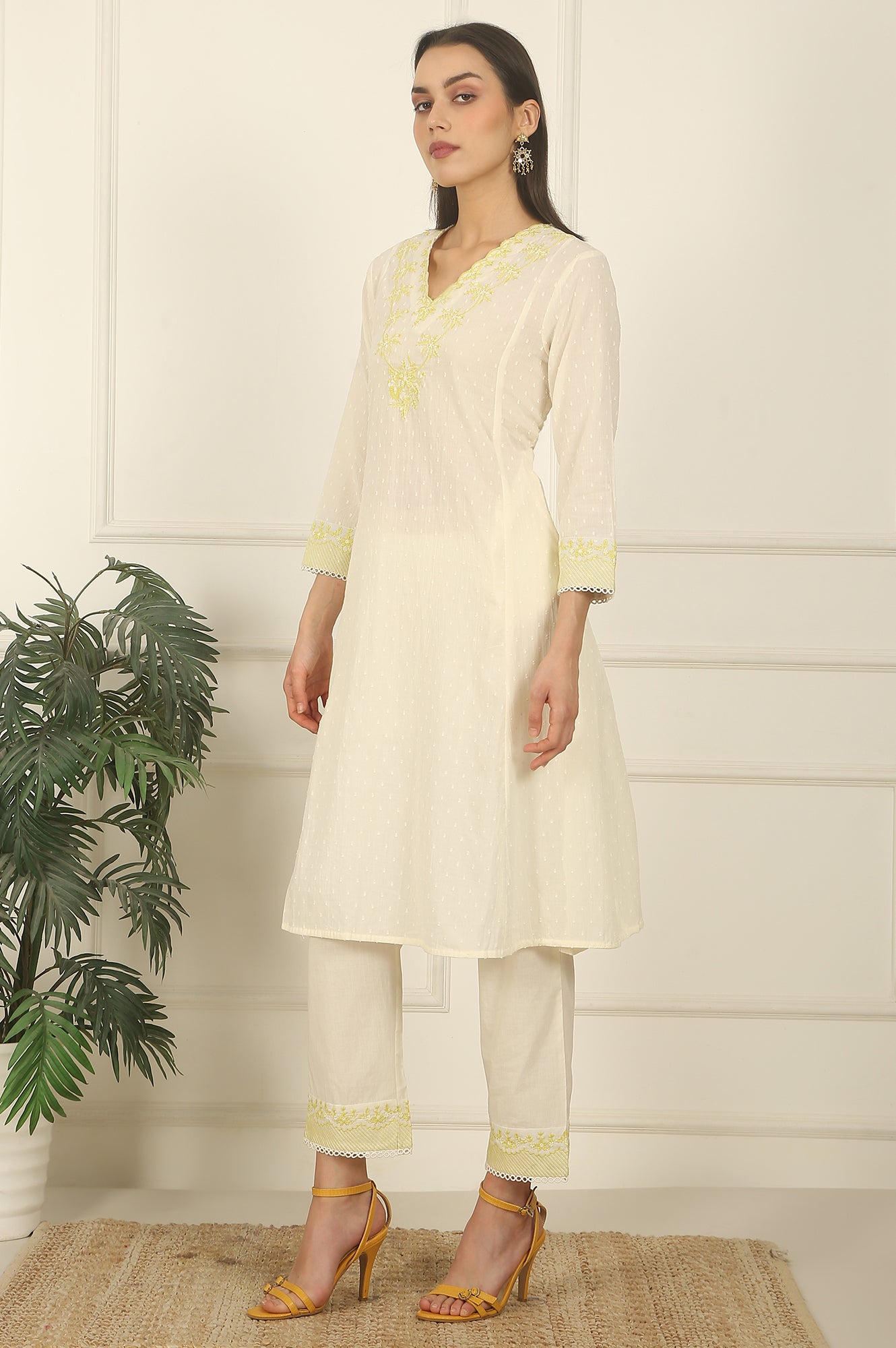 White Thread Embroidered Textured Cotton A-line Kurta, Straight Pants and Dupatta Set