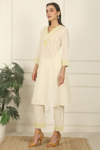 White Thread Embroidered Textured Cotton A-line Kurta, Straight Pants and Dupatta Set