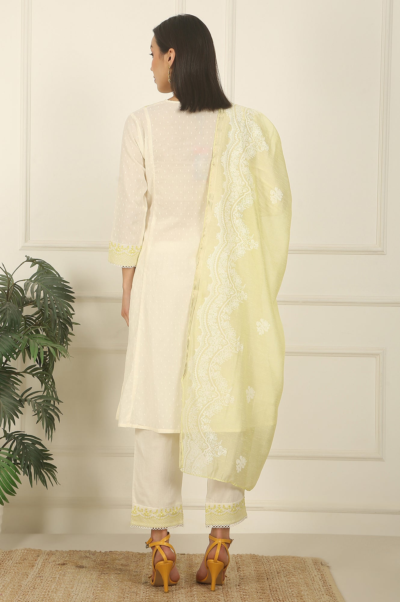 White Thread Embroidered Textured Cotton A-line Kurta, Straight Pants and Dupatta Set
