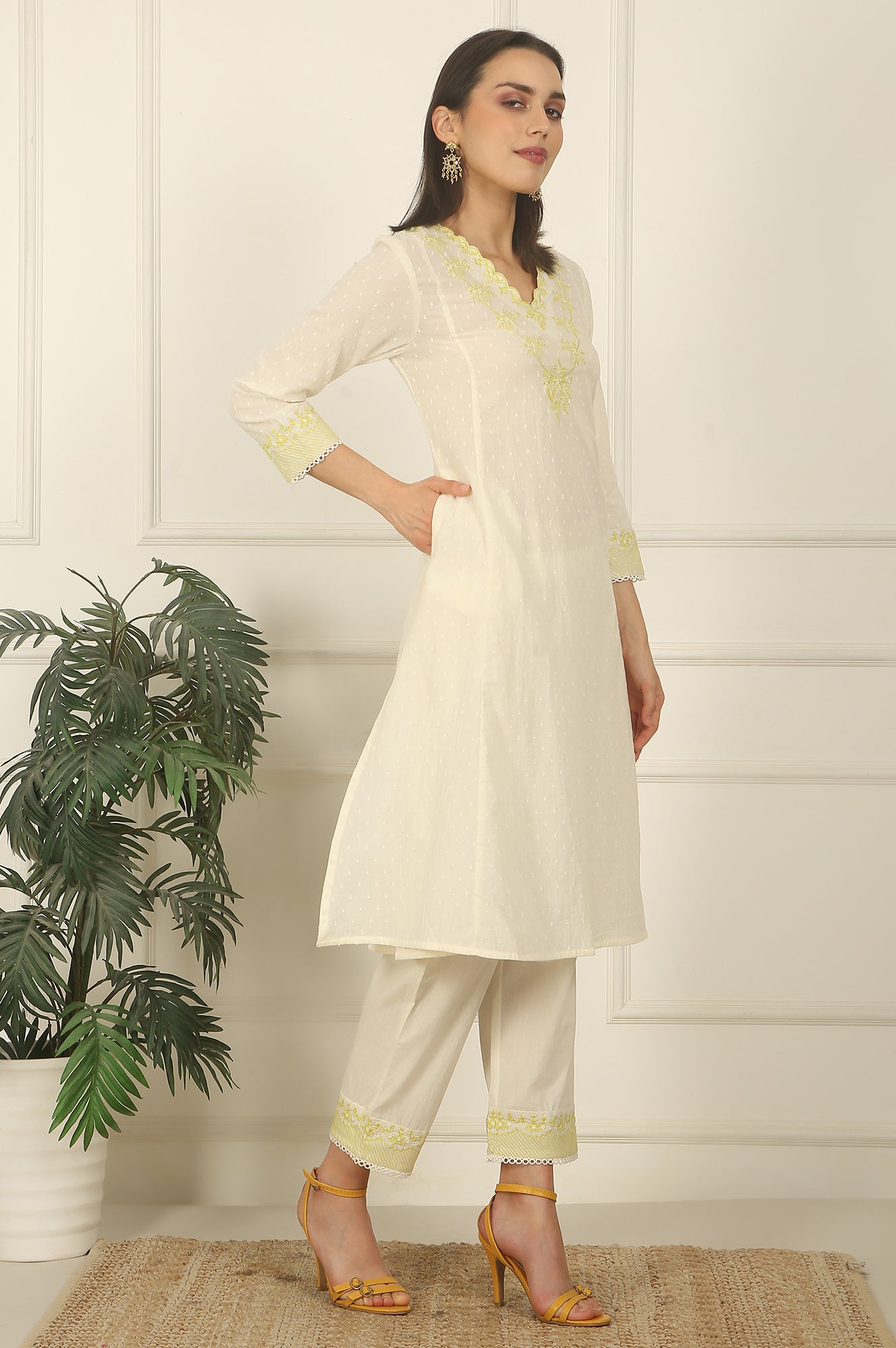 White Thread Embroidered Textured Cotton A-line Kurta, Straight Pants and Dupatta Set