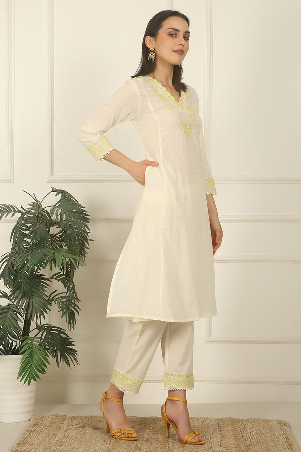 White Thread Embroidered Textured Cotton A-line Kurta, Straight Pants and Dupatta Set