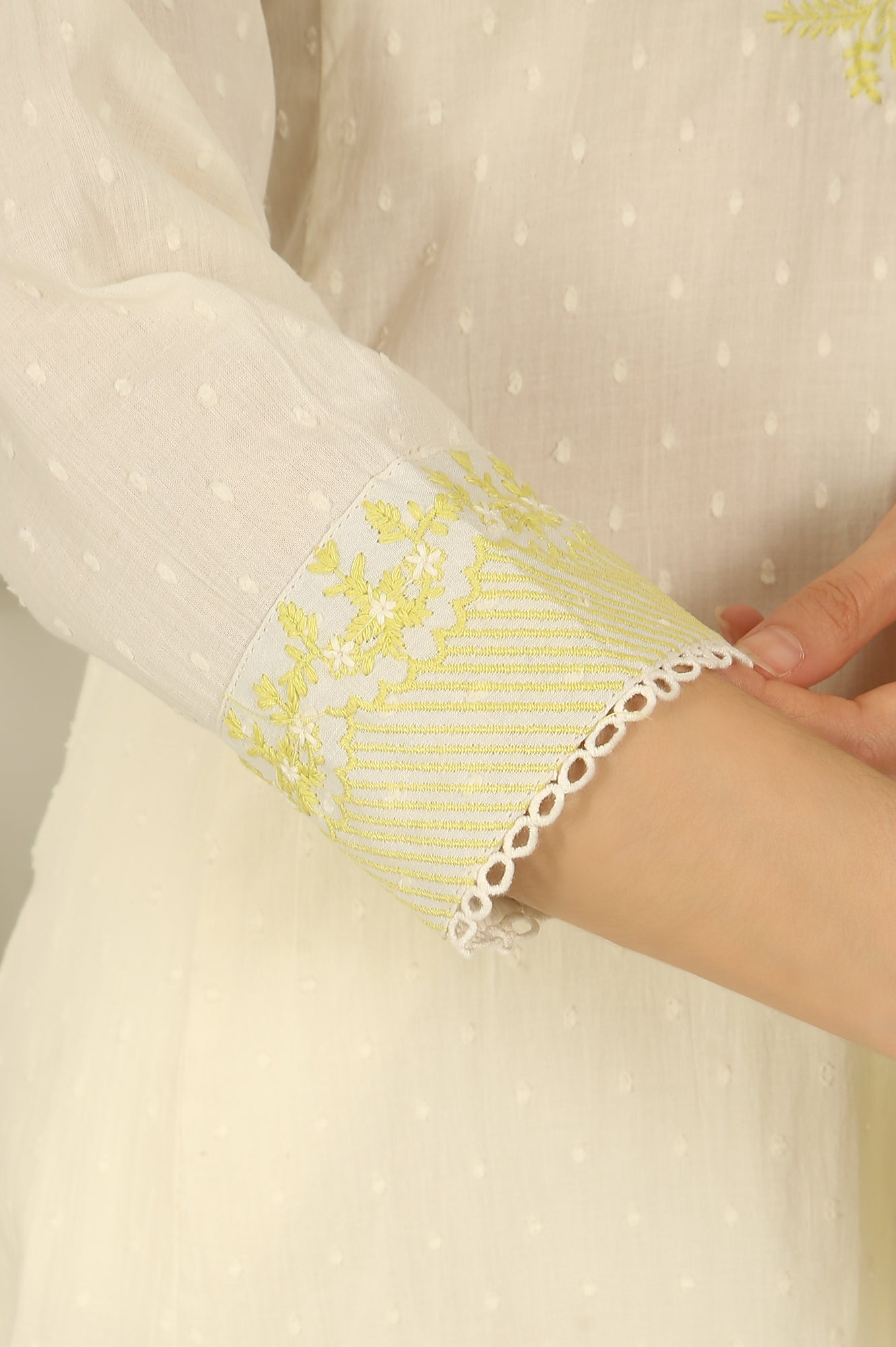 White Thread Embroidered Textured Cotton A-line Kurta, Straight Pants and Dupatta Set