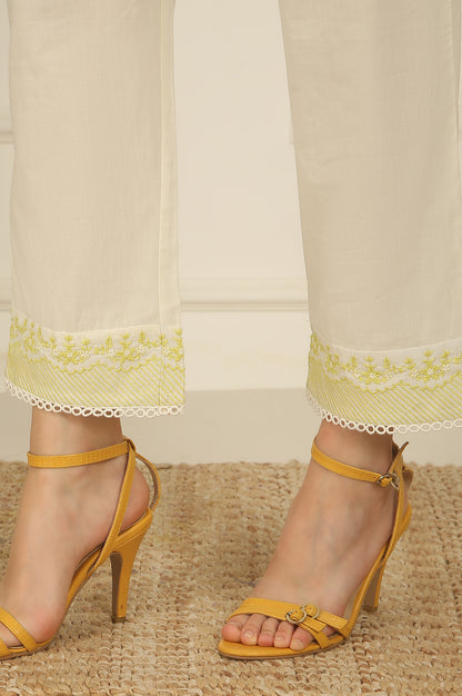 White Thread Embroidered Textured Cotton A-line Kurta, Straight Pants and Dupatta Set