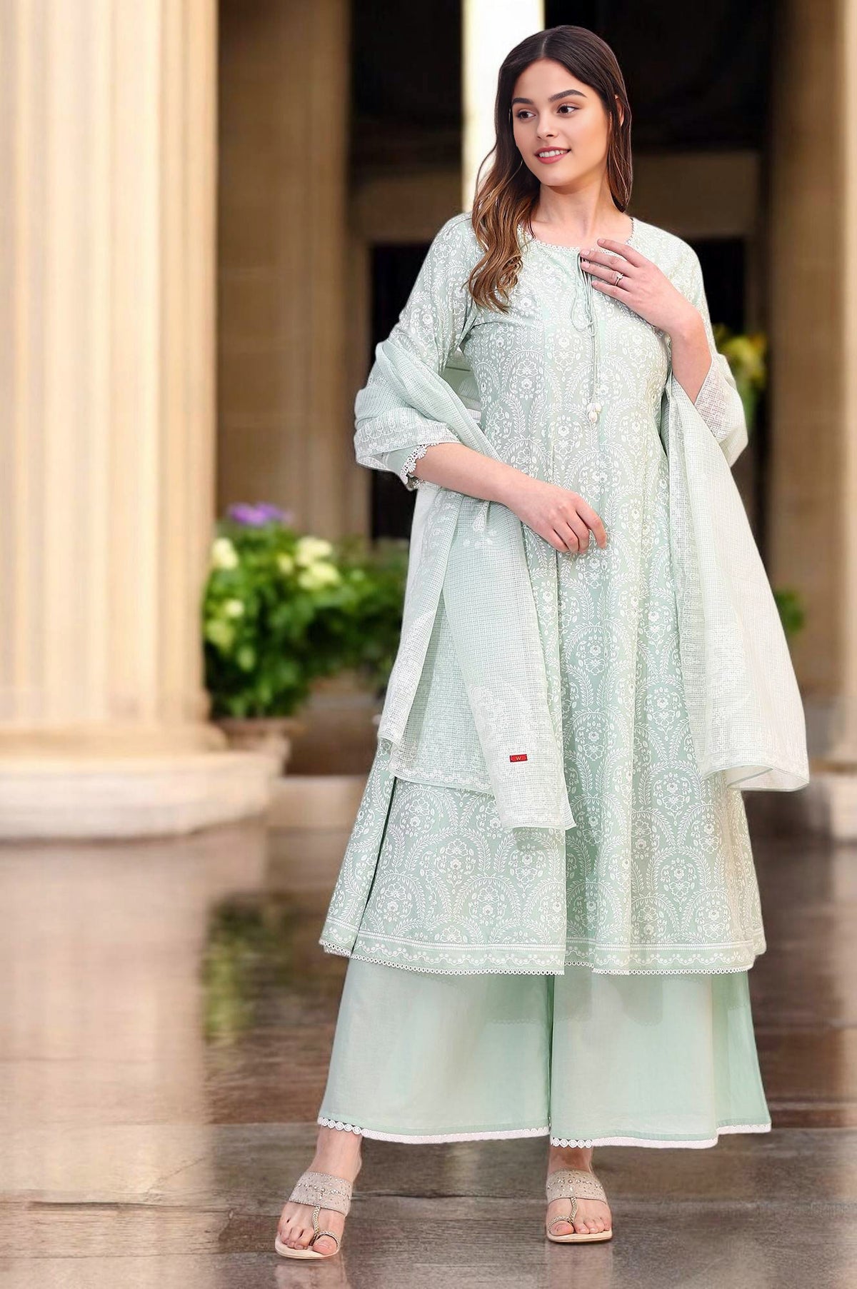 Spring Mint Green Floral Printed Flared Kurta and Flared Pants Set with Dupatta - XS
