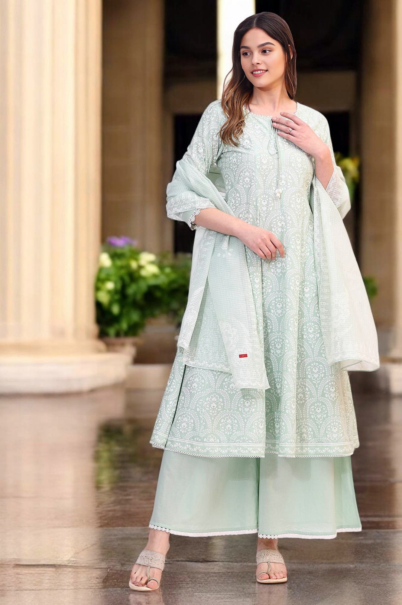 Spring Mint Green Floral Printed Flared Kurta and Flared Pants Set with Dupatta