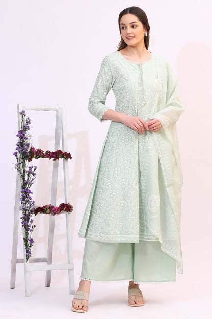 Spring Mint Green Floral Printed Flared Kurta and Flared Pants Set with Dupatta