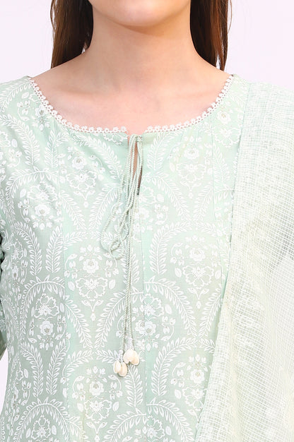 Spring Mint Green Floral Printed Flared Kurta and Flared Pants Set with Dupatta