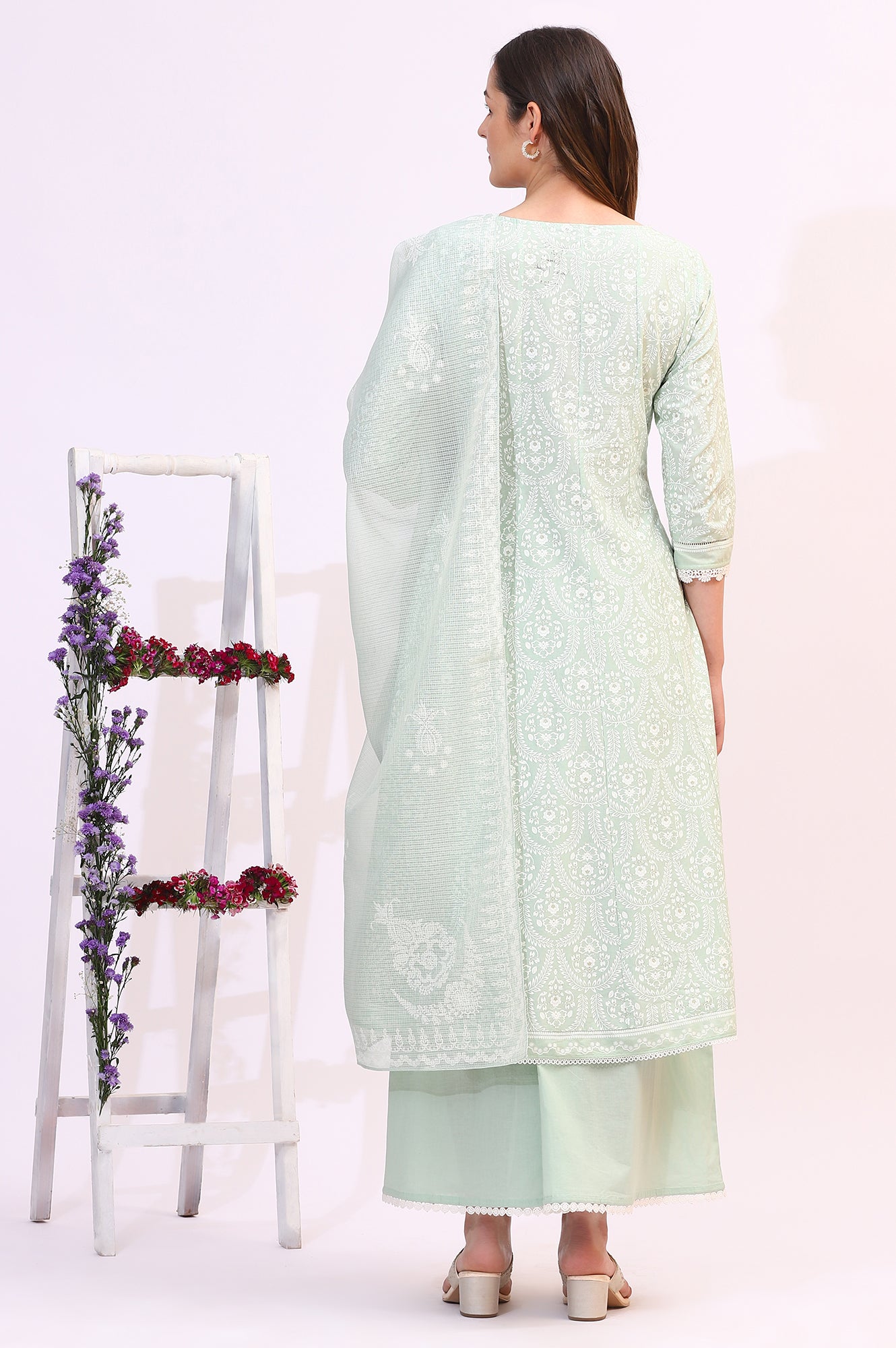Spring Mint Green Floral Printed Flared Kurta and Flared Pants Set with Dupatta