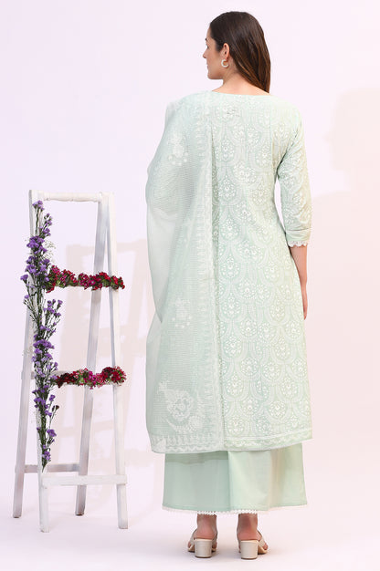 Spring Mint Green Floral Printed Flared Kurta and Flared Pants Set with Dupatta