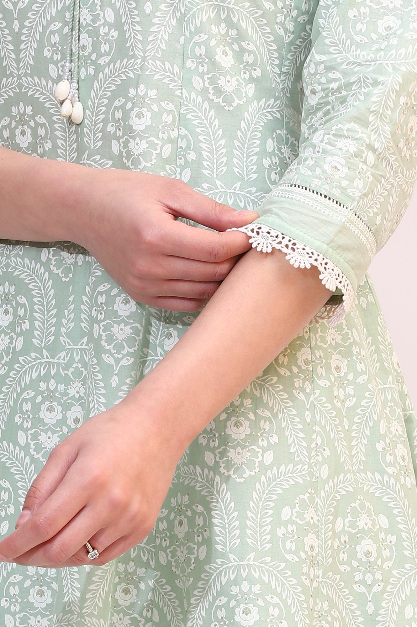 Spring Mint Green Floral Printed Flared Kurta and Flared Pants Set with Dupatta