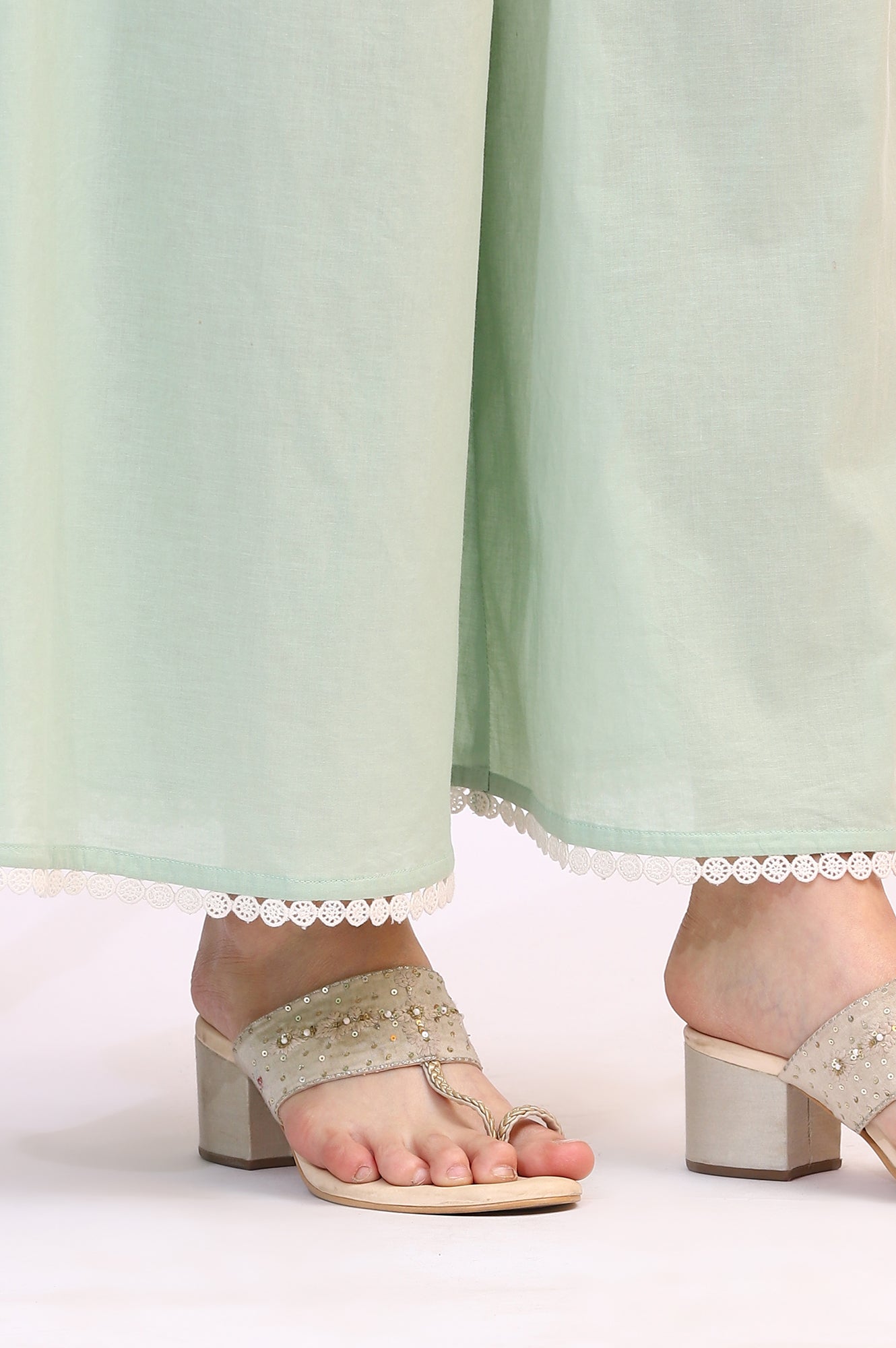 Spring Mint Green Floral Printed Flared Kurta and Flared Pants Set with Dupatta