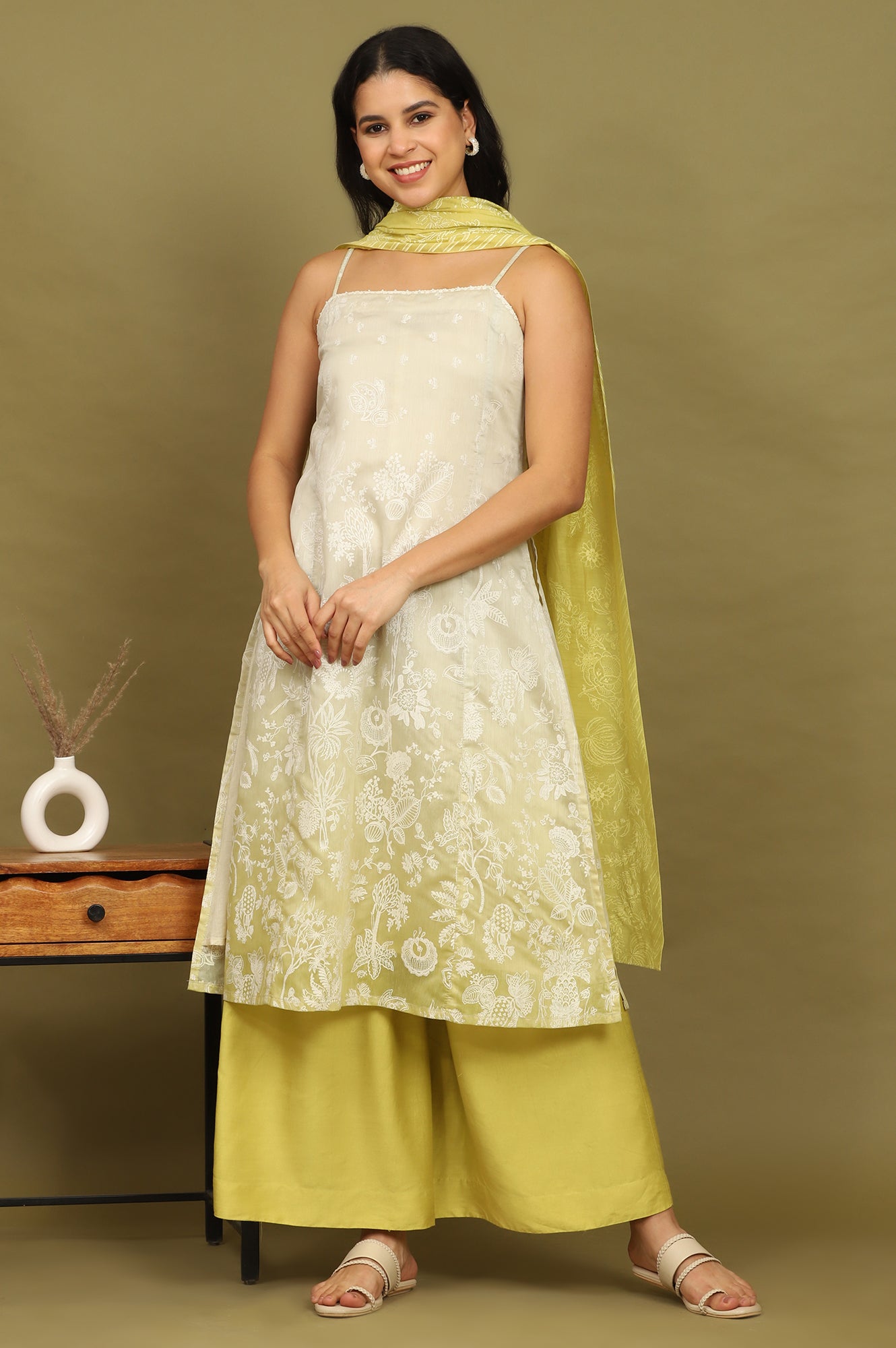 Green Floral Printed Chanderi Spaghetti Straight Kurta, Pants and Dupatta Set