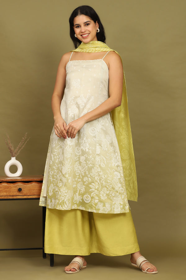 Green Floral Printed Chanderi Spaghetti Straight Kurta, Pants and Dupatta Set