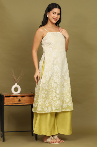 Green Floral Printed Chanderi Spaghetti Straight Kurta, Pants and Dupatta Set