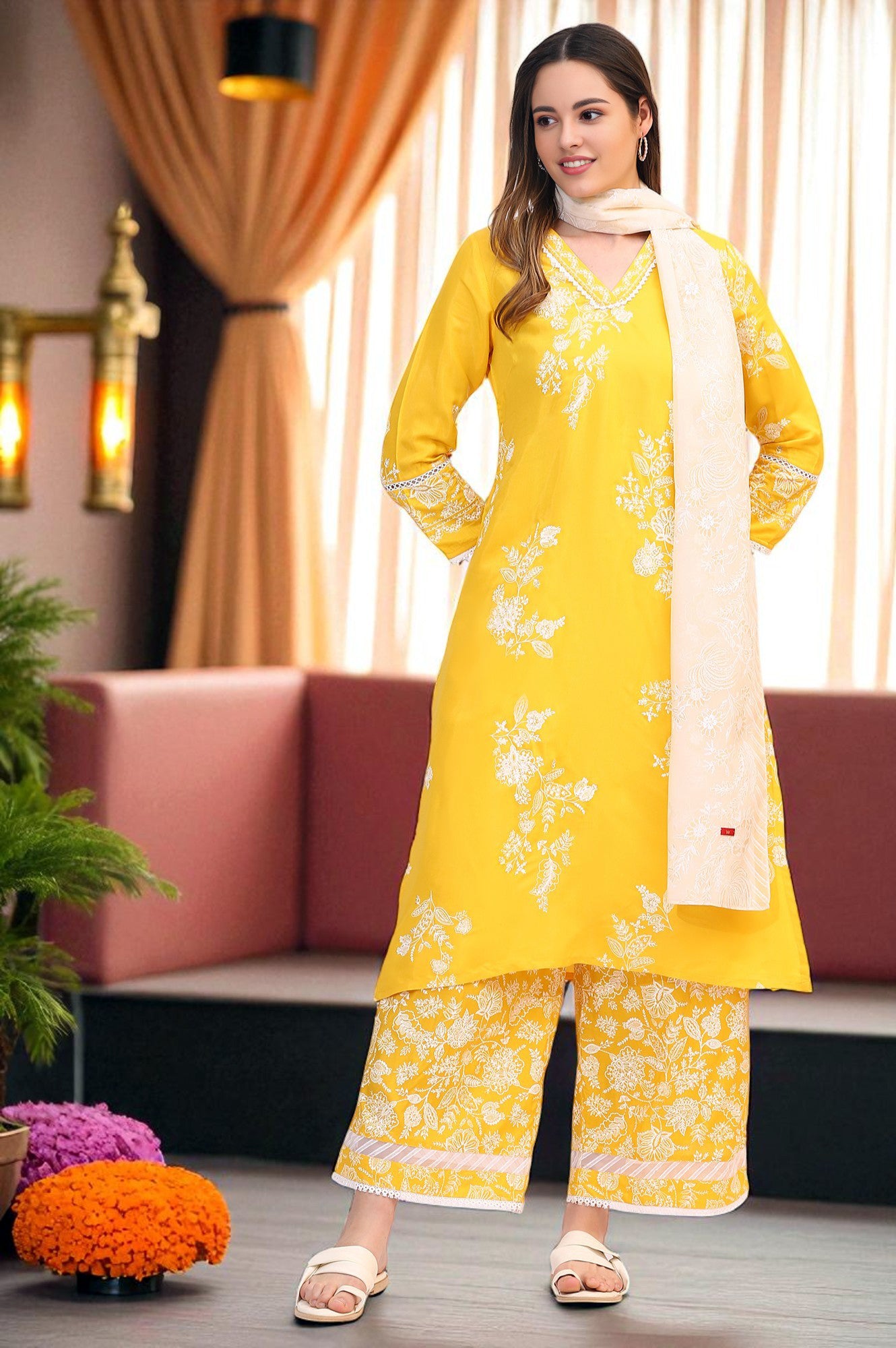 Mango Yellow Floral Printed Shantung A-line Kurta, Printed Parallel Pants and Dupatta Set