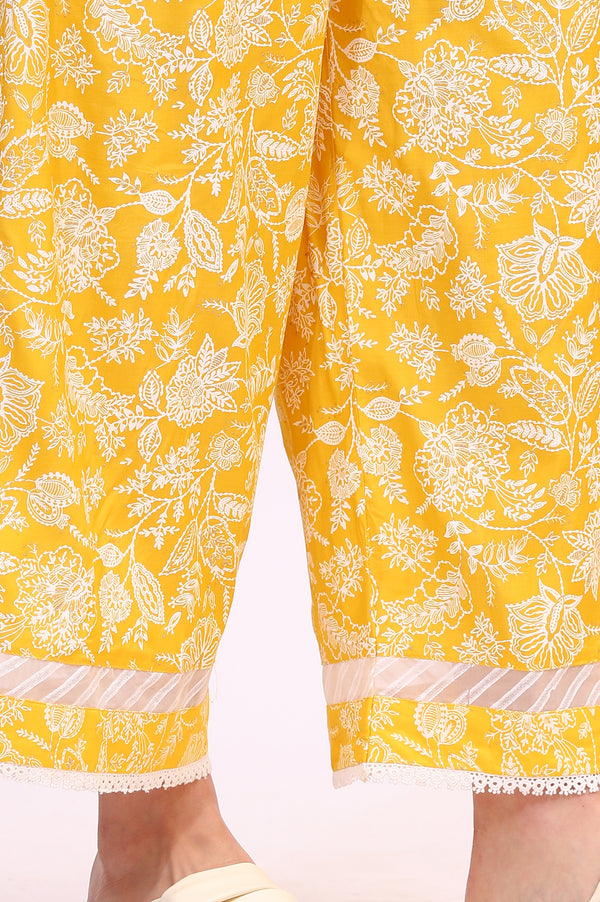 Mango Yellow Floral Printed Shantung A-line Kurta, Printed Parallel Pants and Dupatta Set