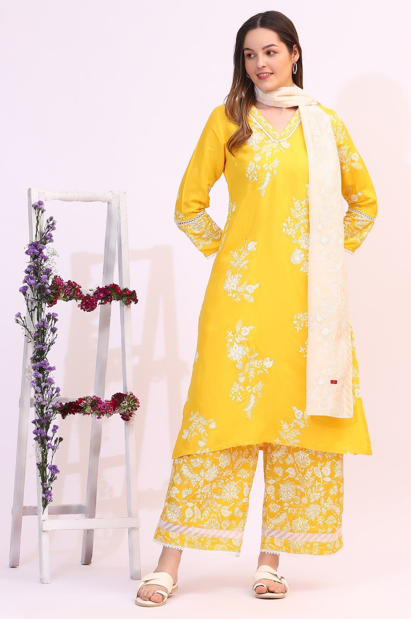 Mango Yellow Floral Printed Shantung A-line Kurta, Printed Parallel Pants and Dupatta Set