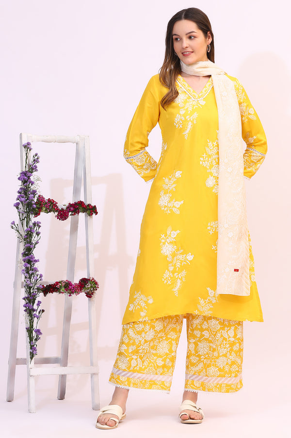 Mango Yellow Floral Printed Shantung A-line Kurta, Printed Parallel Pants and Dupatta Set