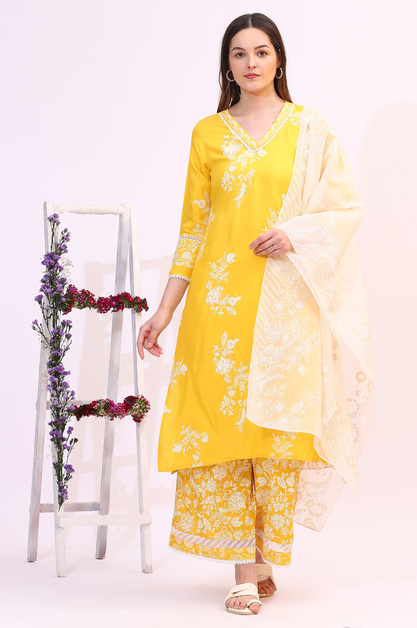 Mango Yellow Floral Printed Shantung A-line Kurta, Printed Parallel Pants and Dupatta Set