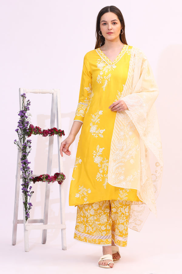 Mango Yellow Floral Printed Shantung A-line Kurta, Printed Parallel Pants and Dupatta Set