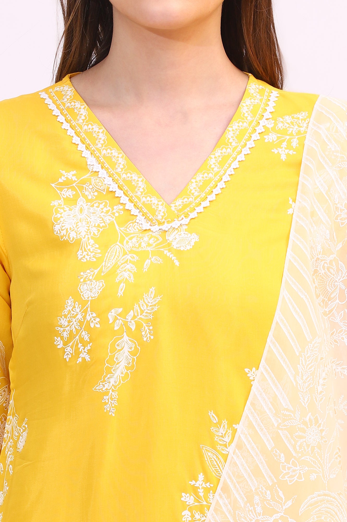 Mango Yellow Floral Printed Shantung A-line Kurta, Printed Parallel Pants and Dupatta Set