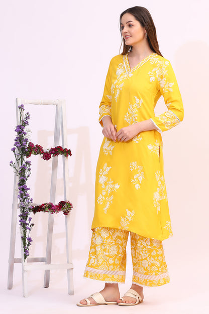 Mango Yellow Floral Printed Shantung A-line Kurta, Printed Parallel Pants and Dupatta Set