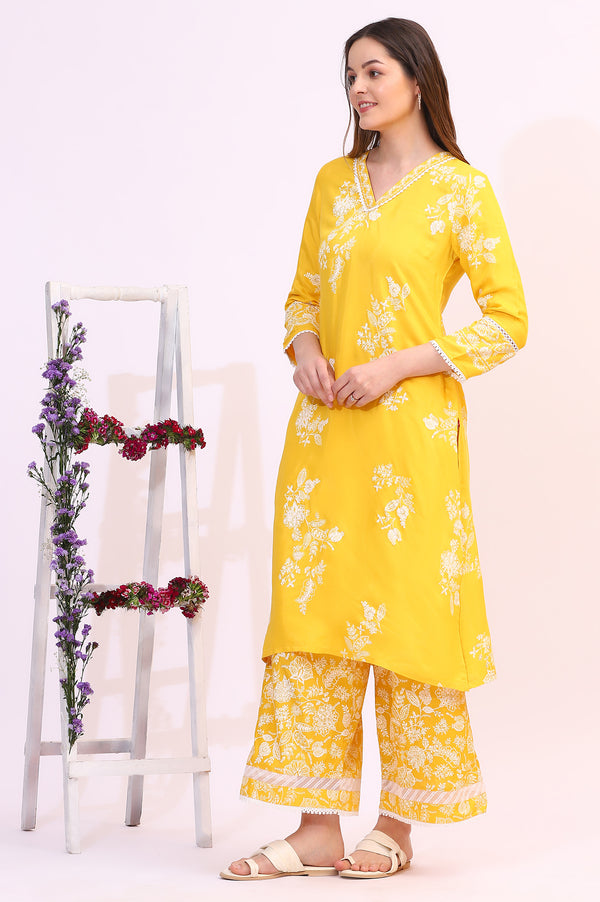 Mango Yellow Floral Printed Shantung A-line Kurta, Printed Parallel Pants and Dupatta Set