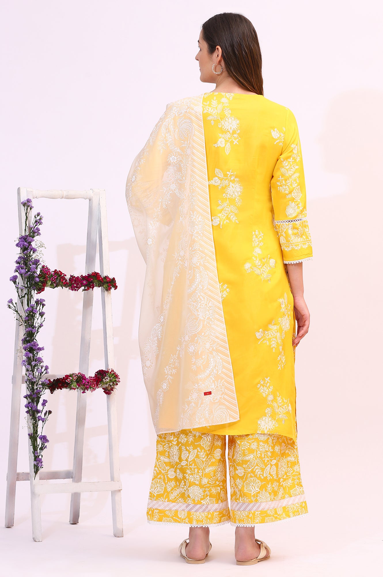 Mango Yellow Floral Printed Shantung A-line Kurta, Printed Parallel Pants and Dupatta Set