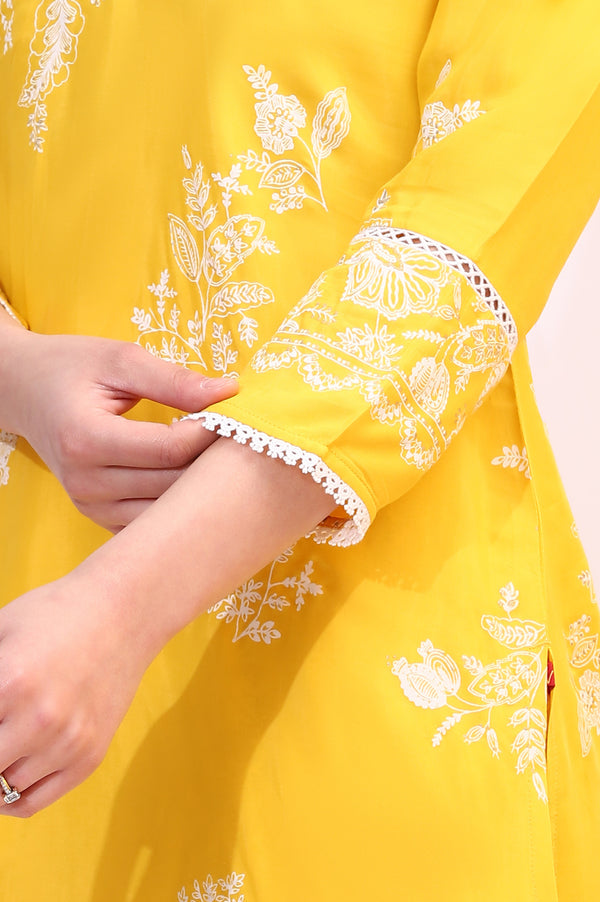 Mango Yellow Floral Printed Shantung A-line Kurta, Printed Parallel Pants and Dupatta Set