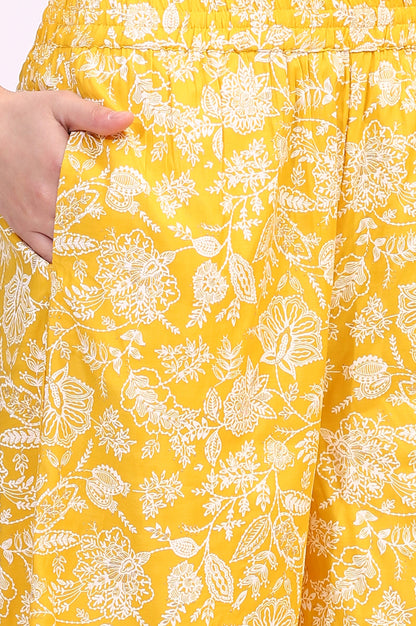 Mango Yellow Floral Printed Shantung A-line Kurta, Printed Parallel Pants and Dupatta Set