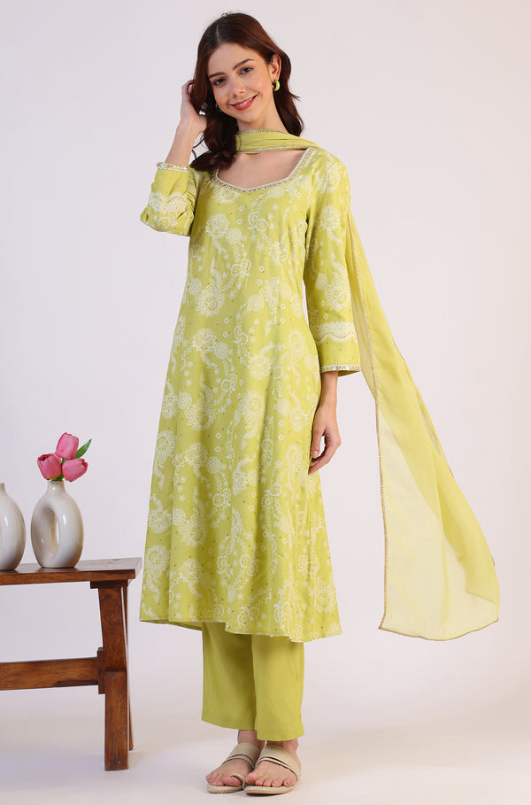 Lime Green Floral Printed Sequined Rayon Anarkali Kurta, Straight Pants and Dupatta Set