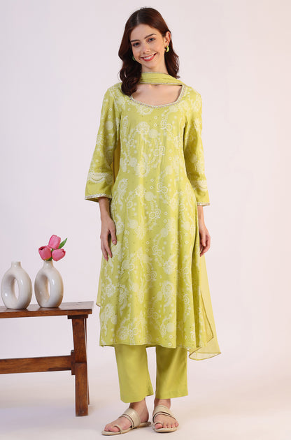 Lime Green Floral Printed Sequined Rayon Anarkali Kurta, Straight Pants and Dupatta Set