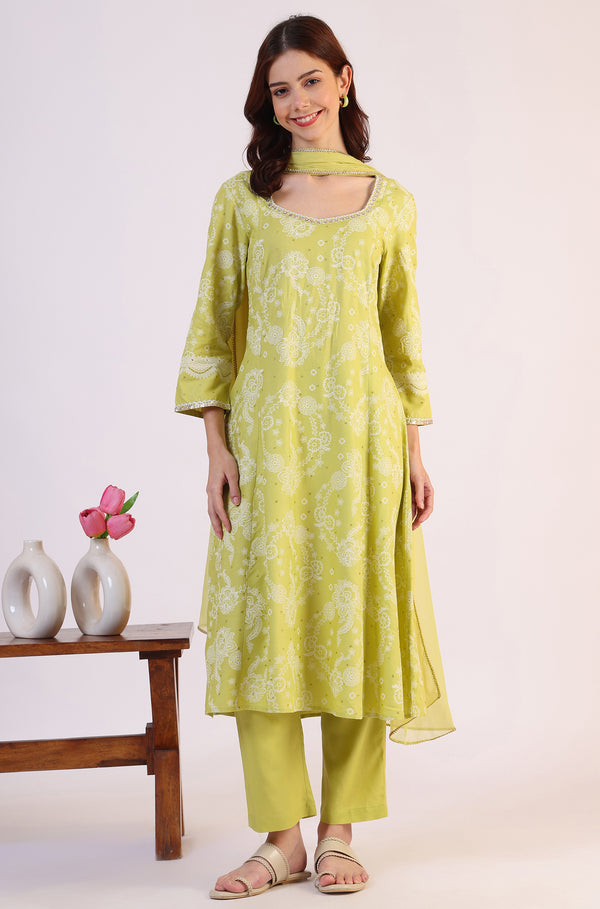 Lime Green Floral Printed Sequined Rayon Anarkali Kurta, Straight Pants and Dupatta Set