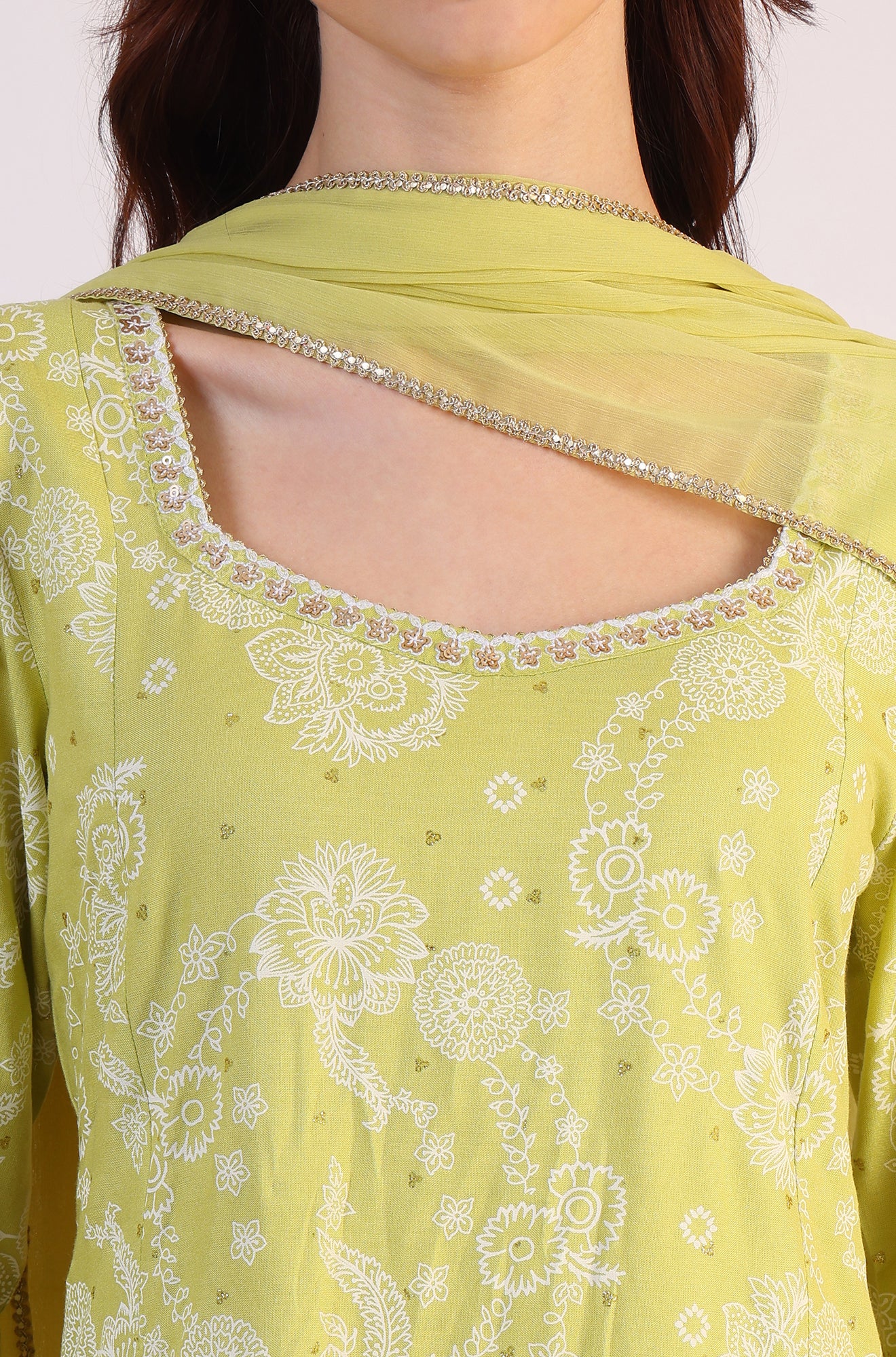 Lime Green Floral Printed Sequined Rayon Anarkali Kurta, Straight Pants and Dupatta Set