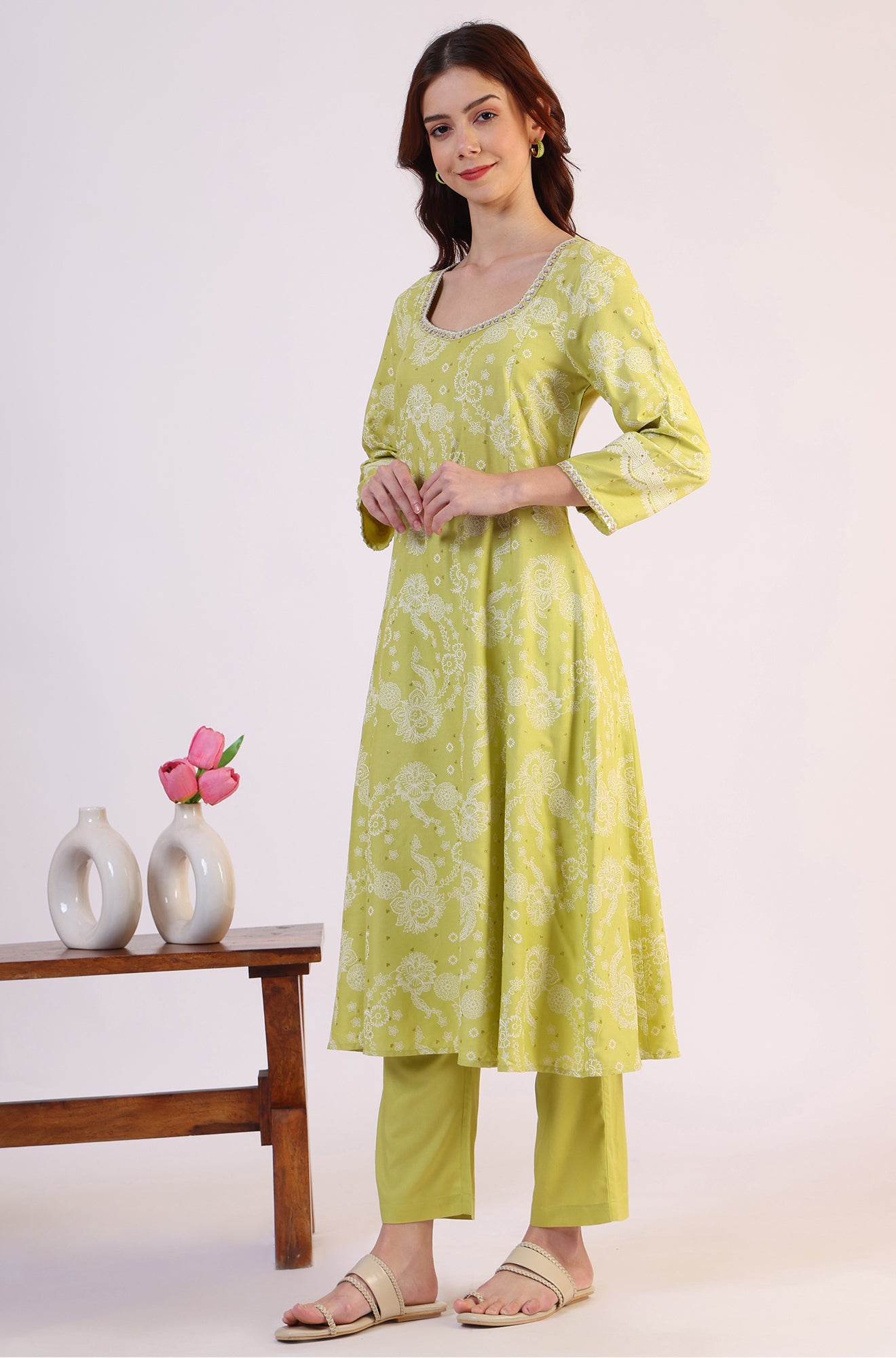 Lime Green Floral Printed Sequined Rayon Anarkali Kurta, Straight Pants and Dupatta Set